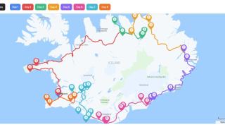 Map view with color-coded daily routes